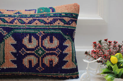 Blue Vintage Lumbar Pillow Cover: Organic Wool Turkish Rug, 12x20 inc
