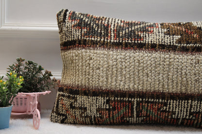 Handmade Turkish Rug Lumbar Pillow: Beige Brown Patchwork, 12x20 inc