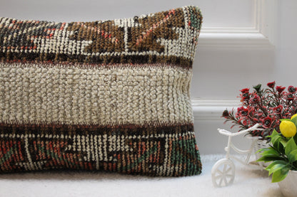 Handmade Turkish Rug Lumbar Pillow: Beige Brown Patchwork, 12x20 inc