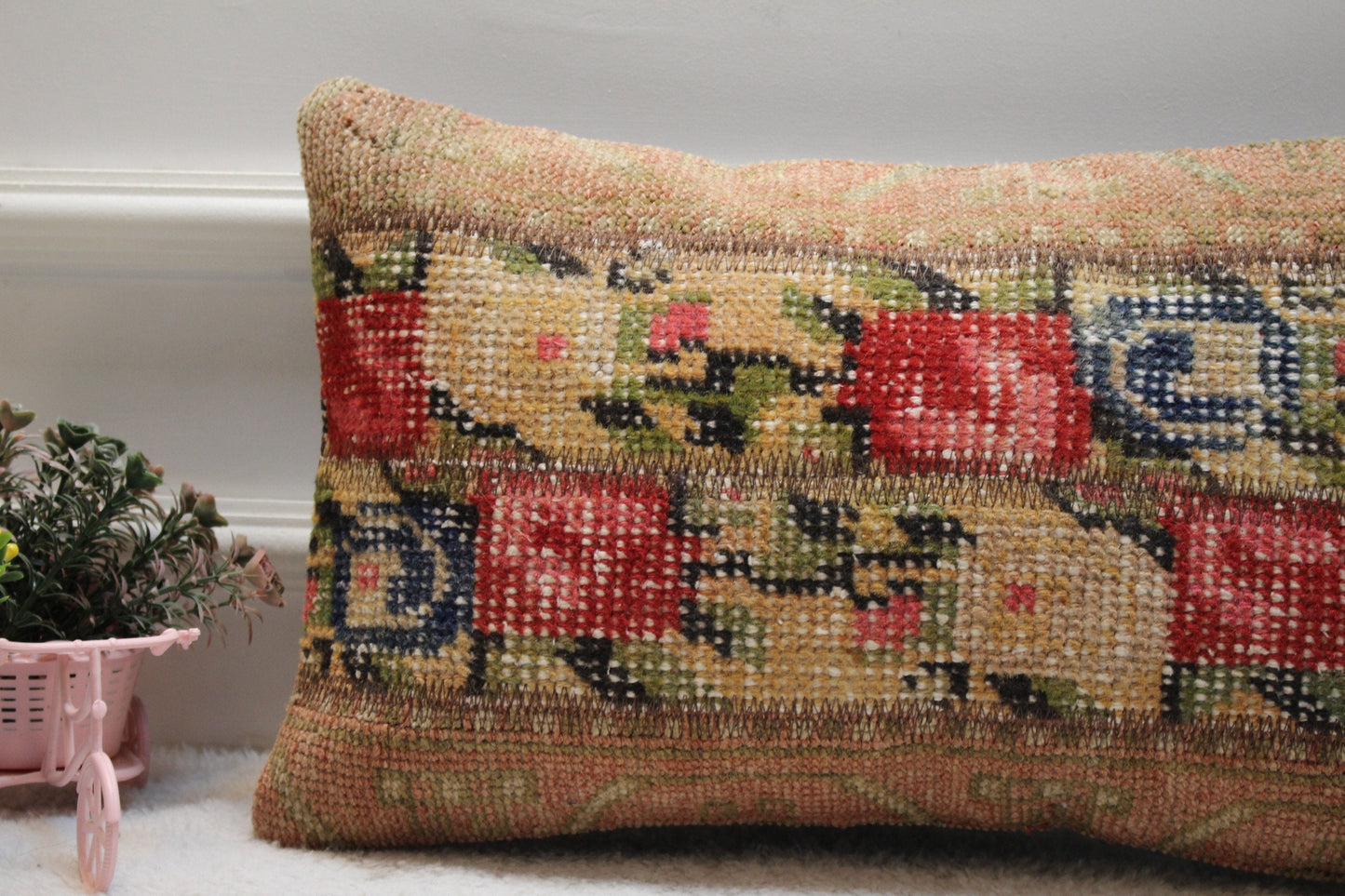 Red Turkish Rug Lumbar Pillow Cover: Vintage Woven Wool, 12x20 inc