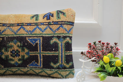 Geometric Kilim Lumbar Pillow Cover: Upcycled Turkish Rug, 12x20 inc