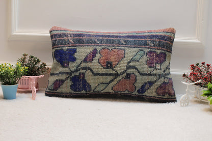 Handmade Kilim Lumbar Pillow Cover: Organic Wool Rug Pillow (12x20 in)