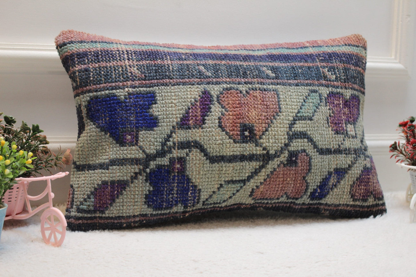 Handmade Kilim Lumbar Pillow Cover: Organic Wool Rug Pillow (12x20 in)