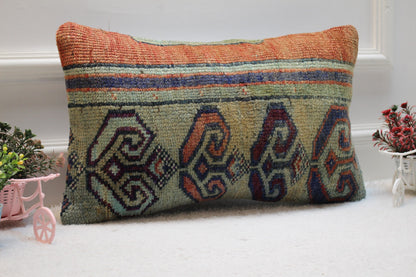 Ethnic Turkish Rug Lumbar Pillow Cover: Vintage Wool Pillow Case (12x20 in)