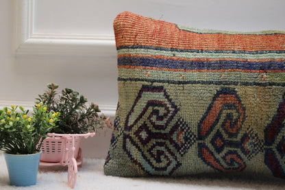 Ethnic Turkish Rug Lumbar Pillow Cover: Vintage Wool Pillow Case (12x20 in)