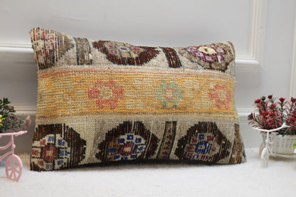 Handmade Kilim Lumbar Pillow Cover: Vintage Turkish Rug, Beige 12x20 inc