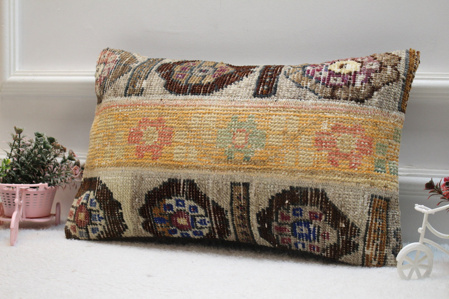 Handmade Kilim Lumbar Pillow Cover: Vintage Turkish Rug, Beige 12x20 inc