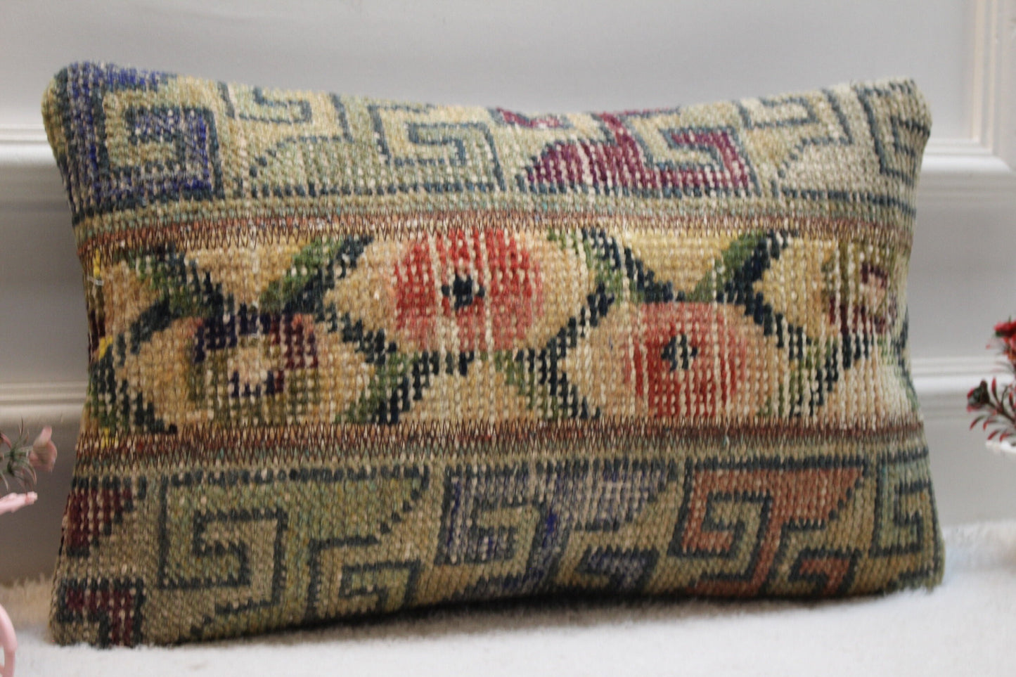 Handmade Turkish Rug Lumbar Pillow Cover: Vintage Wool (12x20 inc)