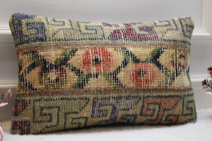 Handmade Turkish Rug Lumbar Pillow Cover: Vintage Wool (12x20 inc)