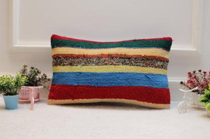 Striped Turkish Kilim Pillow: Handmade Organic Wool Lumbar Cushion (12x20 in)