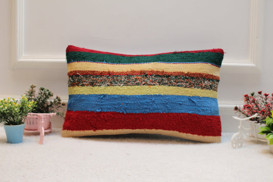 Striped Turkish Kilim Pillow: Handmade Organic Wool Lumbar Cushion (12x20 in)