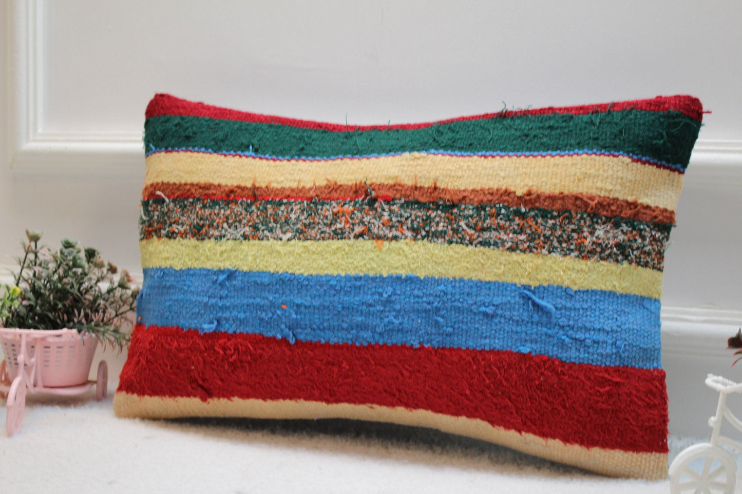 Striped Turkish Kilim Pillow: Handmade Organic Wool Lumbar Cushion (12x20 in)