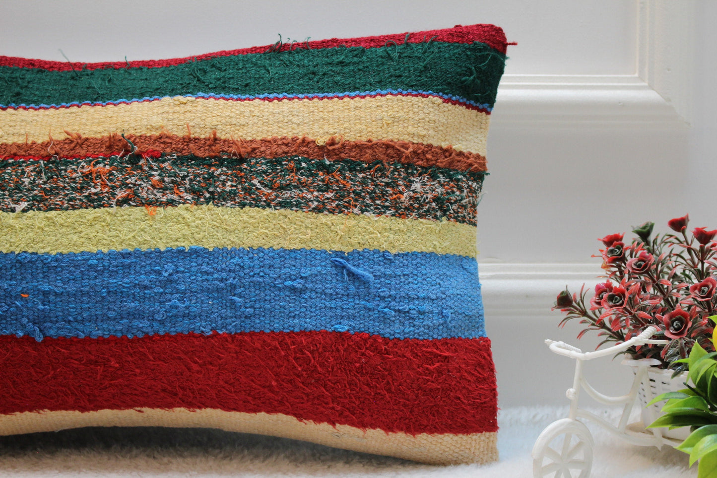 Striped Turkish Kilim Pillow: Handmade Organic Wool Lumbar Cushion (12x20 in)