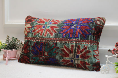 Handmade Turkish Rug Lumbar Pillow Cover: Vintage Patchwork Wool (12x20 in)