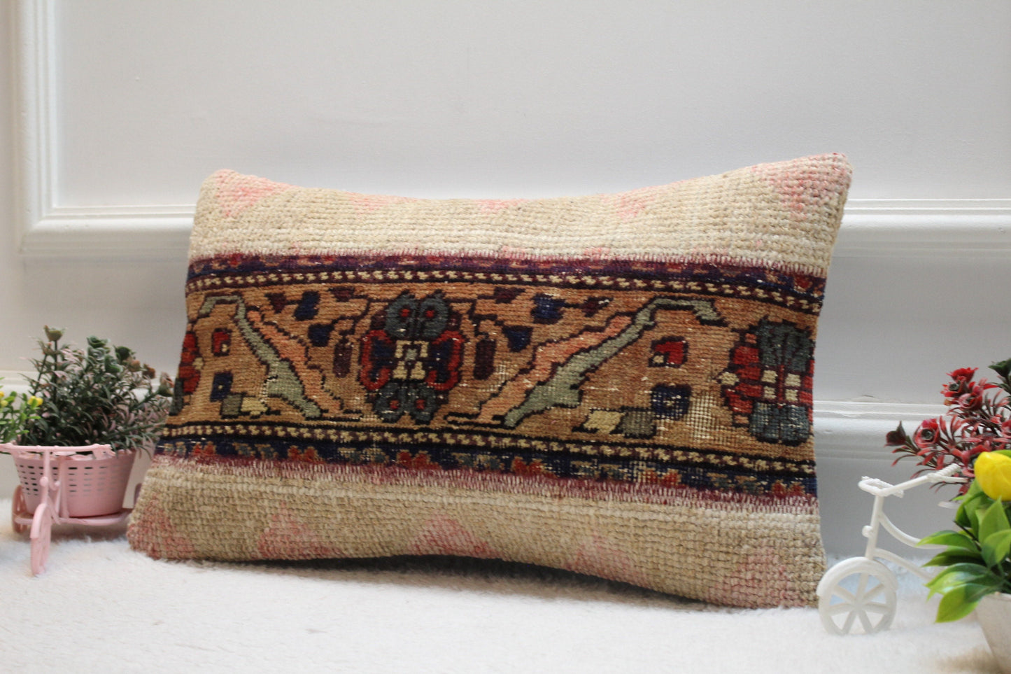 Vintage Turkish Rug Lumbar Pillow Cover: Blue Anatolian Kilim Pillow (12x20 in)
