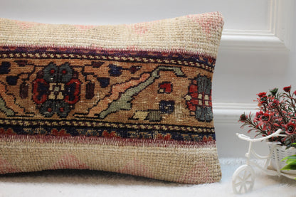 Vintage Turkish Rug Lumbar Pillow Cover: Blue Anatolian Kilim Pillow (12x20 in)