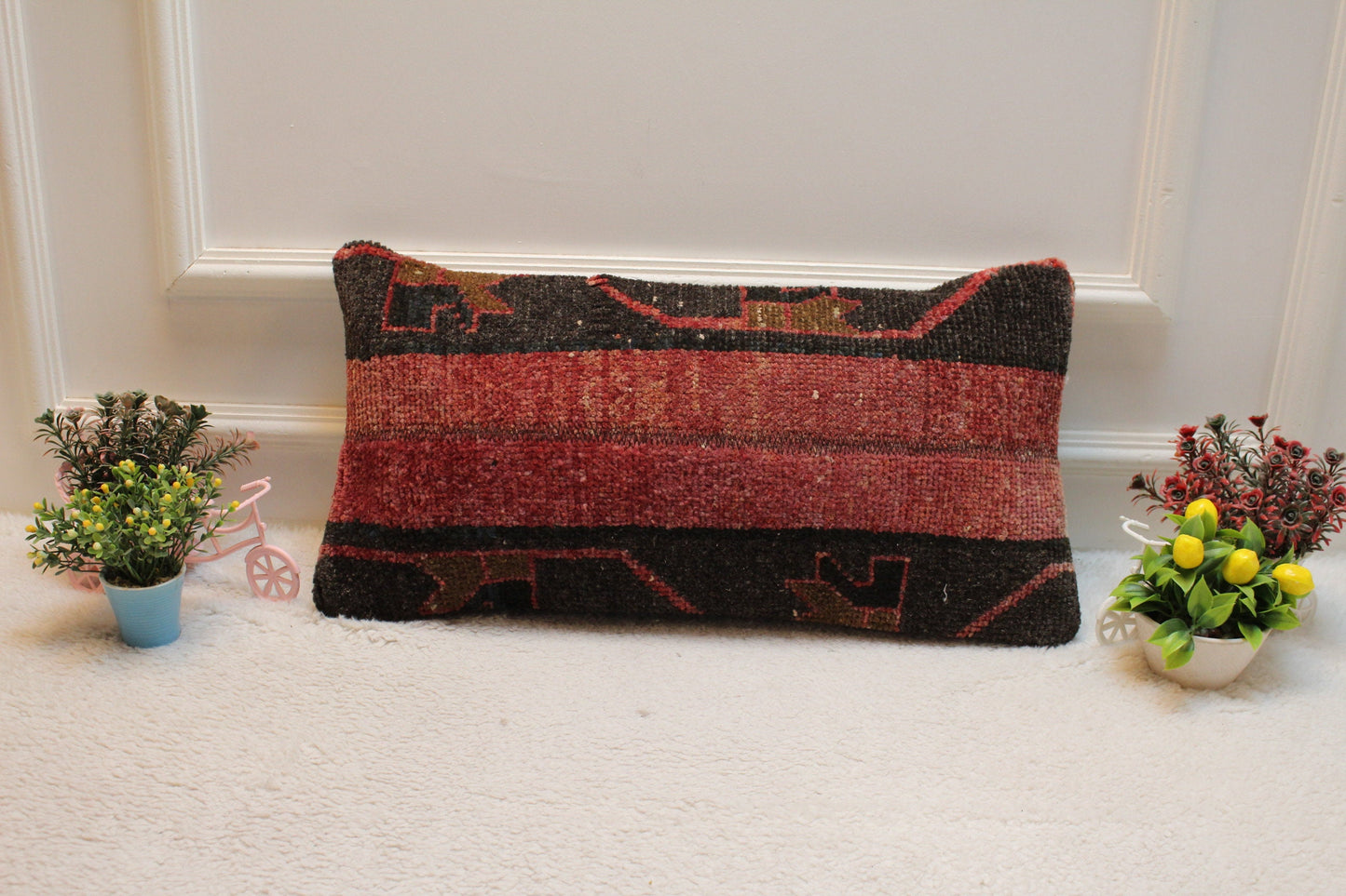 Handmade Kilim Lumbar Pillow Cover: Upcycled Wool, Red & Black (12 x 24 in)