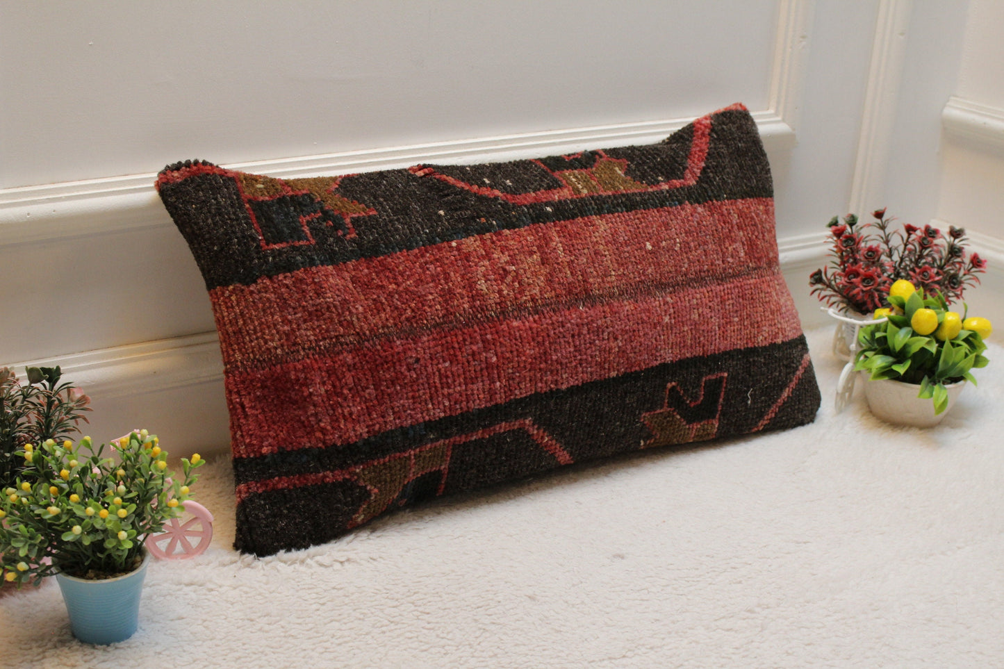 Handmade Kilim Lumbar Pillow Cover: Upcycled Wool, Red & Black (12 x 24 in)