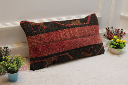 Handmade Kilim Lumbar Pillow Cover: Upcycled Wool, Red & Black (12 x 24 in)