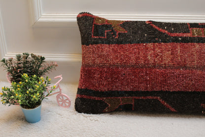 Handmade Kilim Lumbar Pillow Cover: Upcycled Wool, Red & Black (12 x 24 in)
