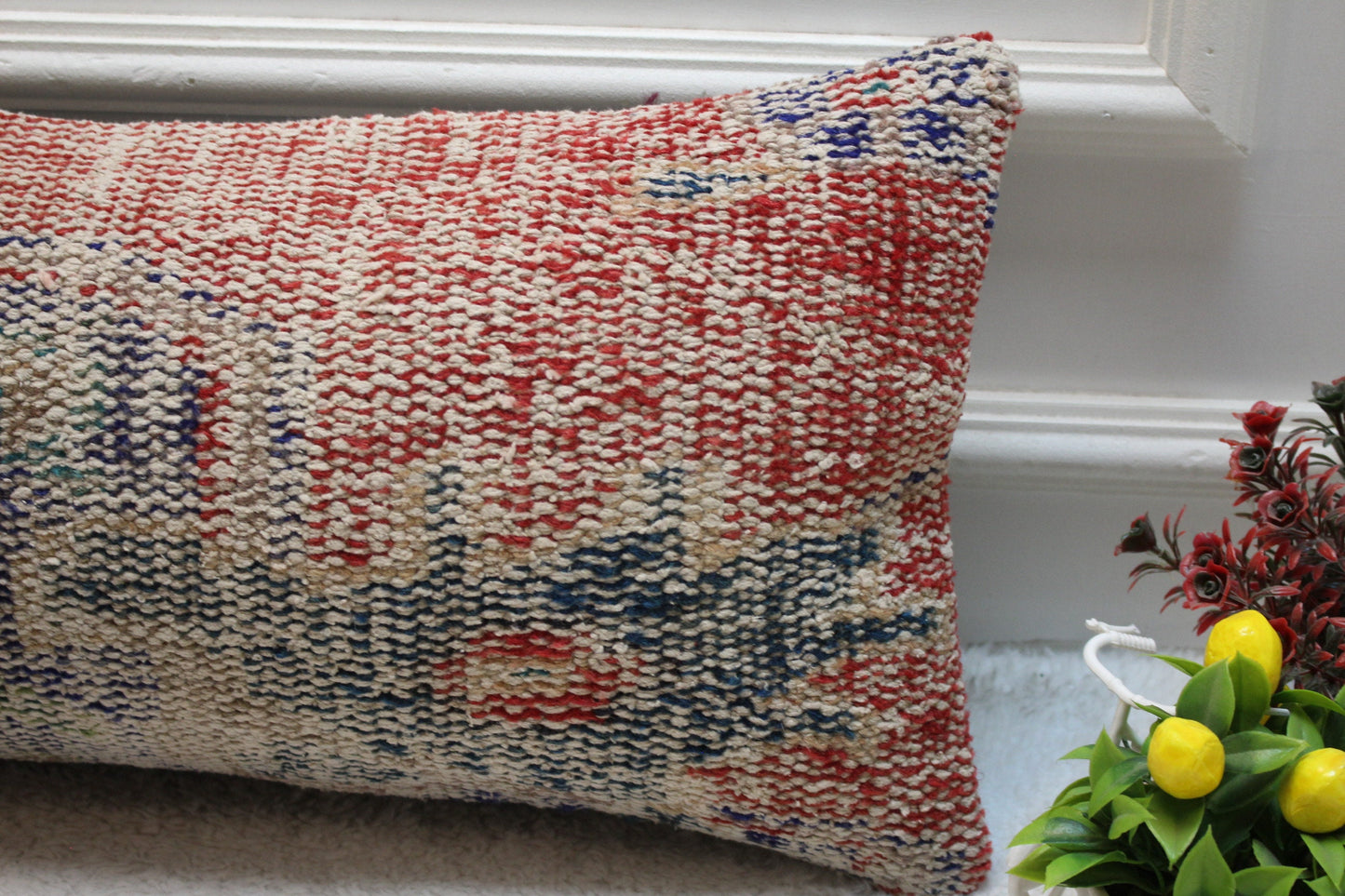 Handmade Turkish Rug Pillow Cover: Red & Blue Wool Lumbar Pillow (12x24 in)