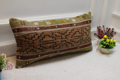 Handmade Kilim Lumbar Pillow Cover: Patchwork Turkish Rug, 12x24 inch