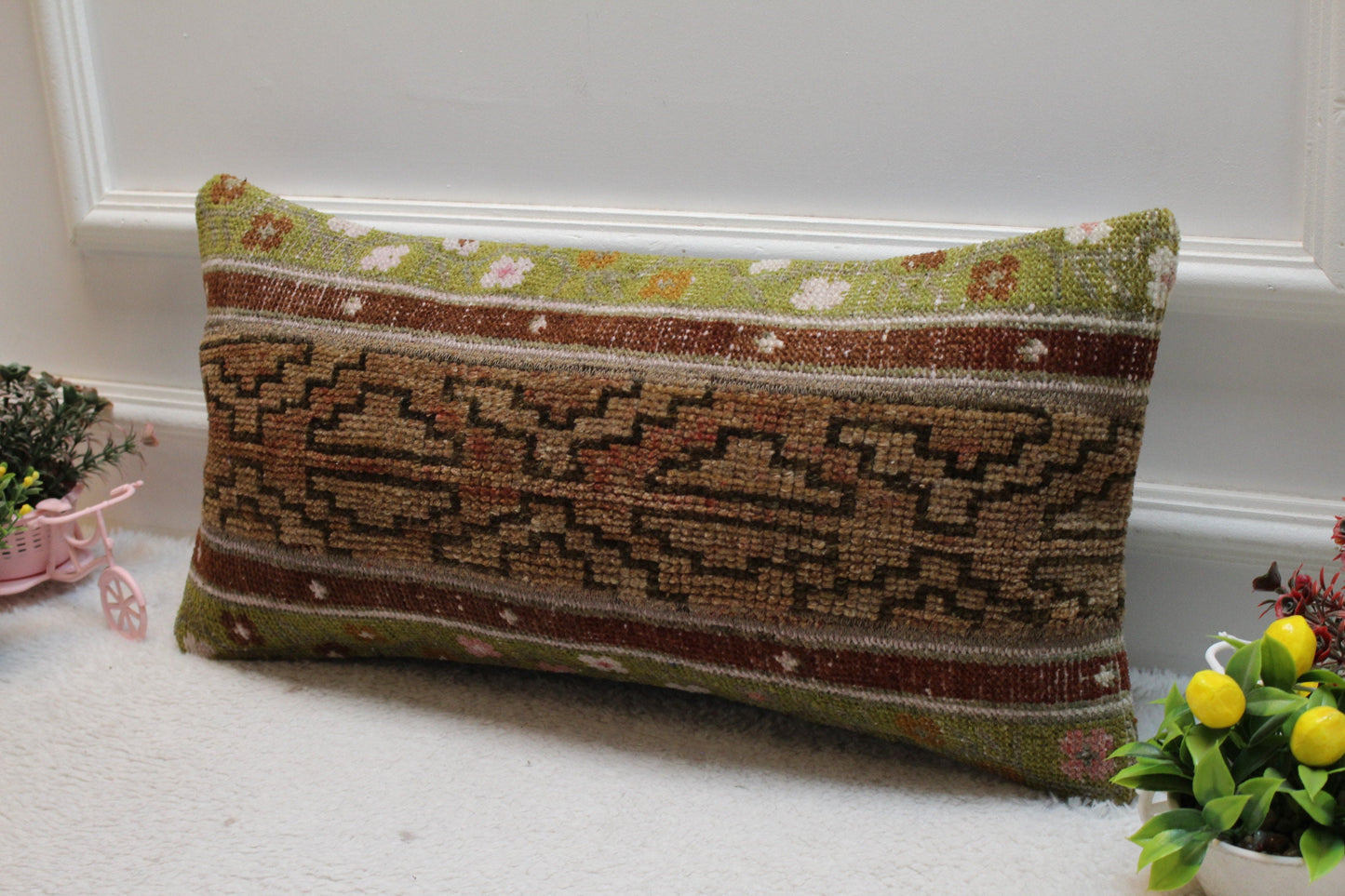 Handmade Kilim Lumbar Pillow Cover: Patchwork Turkish Rug, 12x24 inch