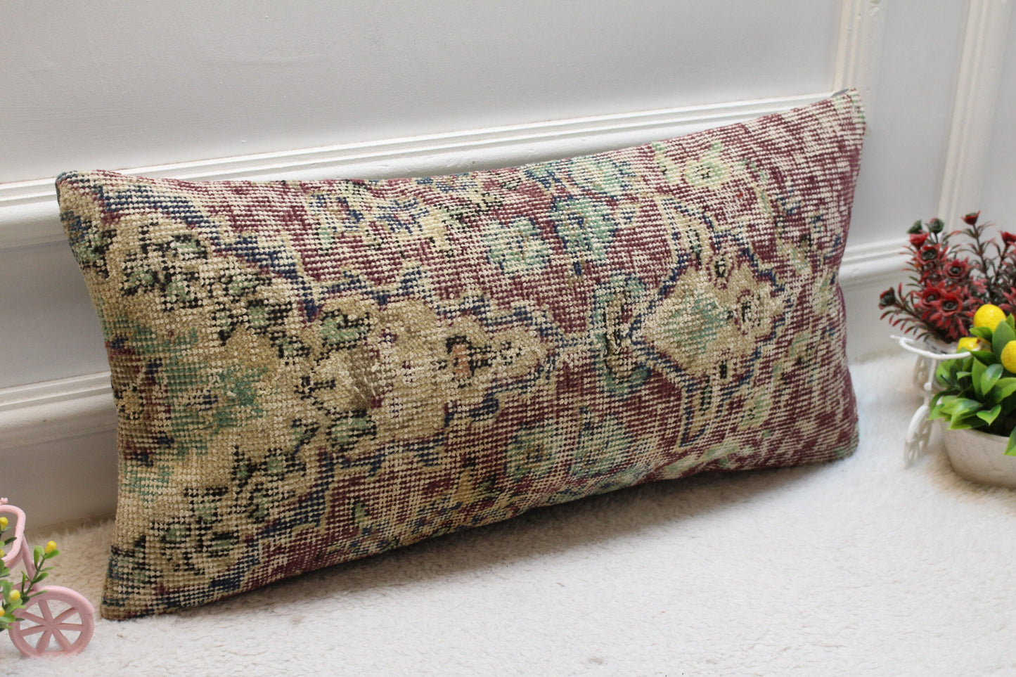 Handmade Turkish Rug Lumbar Pillow Cover: Purple Vintage Kilim, 12x24 inch