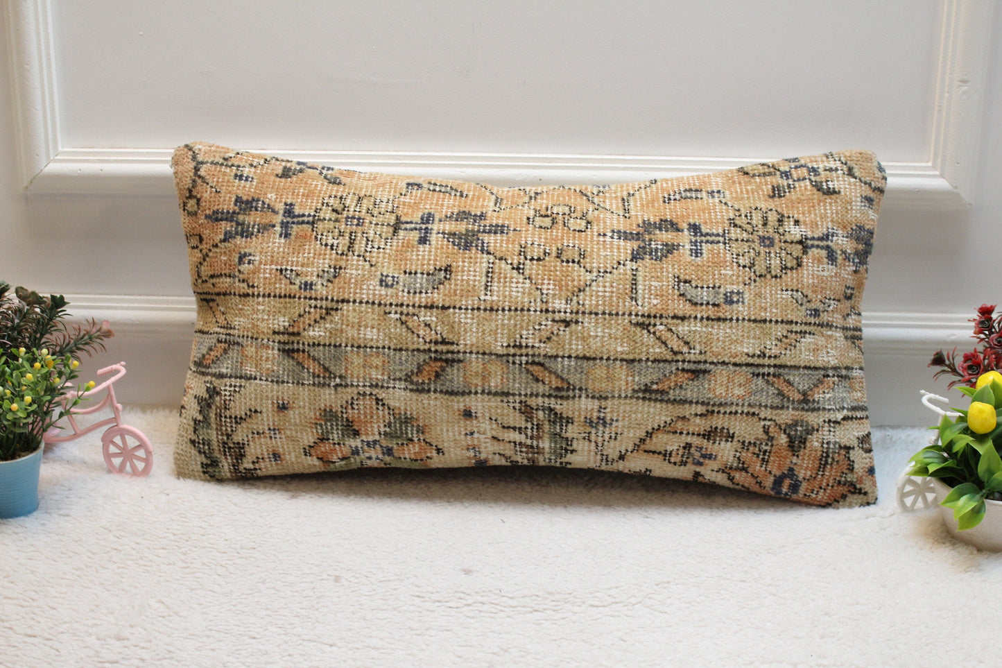 Floral Beige Turkish Rug Pillow: Handmade Lumbar Cover (12x24in)