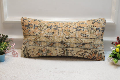 Floral Beige Turkish Rug Pillow: Handmade Lumbar Cover (12x24in)