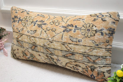 Floral Beige Turkish Rug Pillow: Handmade Lumbar Cover (12x24in)