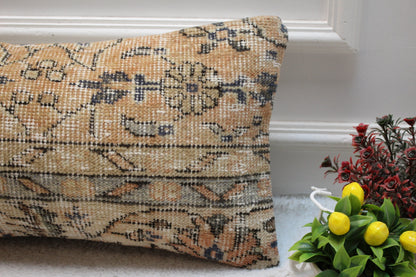 Floral Beige Turkish Rug Pillow: Handmade Lumbar Cover (12x24in)