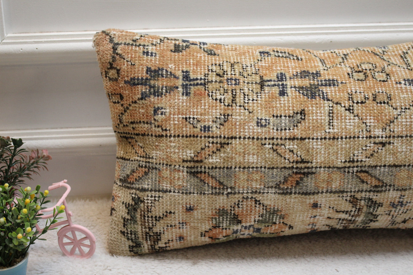 Floral Beige Turkish Rug Pillow: Handmade Lumbar Cover (12x24in)
