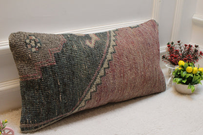 Handmade Turkish Rug Pillow Cover: Organic Wool Lumbar Pillow (12x24 inc)