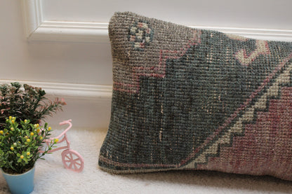Handmade Turkish Rug Pillow Cover: Organic Wool Lumbar Pillow (12x24 inc)