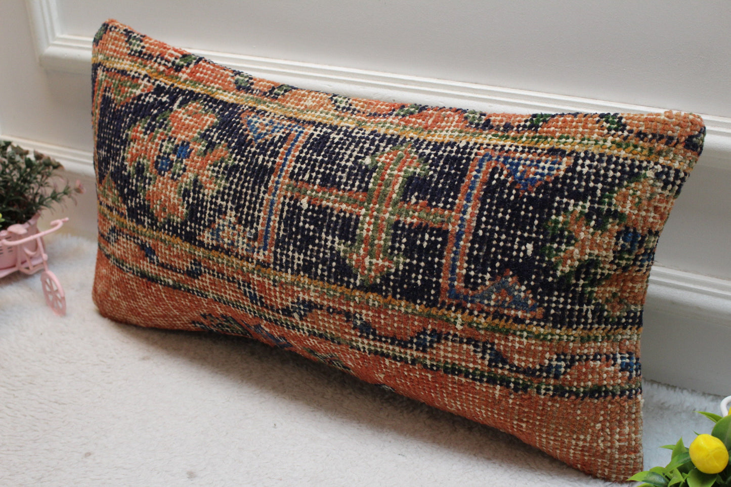 Handmade Turkish Rug Lumbar Pillow: Geometric Boho Decor (12x24 inc)