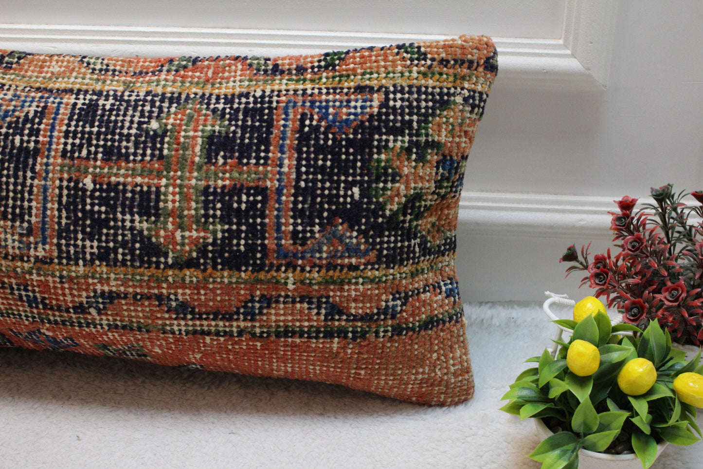 Handmade Turkish Rug Lumbar Pillow: Geometric Boho Decor (12x24 inc)