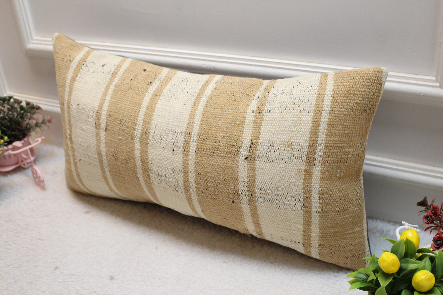 Handmade Kilim Lumbar Pillow Cover: Striped Wool Throw Pillow (12x24 in)
