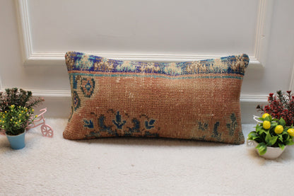 Handmade Turkish Kilim Lumbar Pillow Cover: Upcycled Woven Rug, 12x24 inch