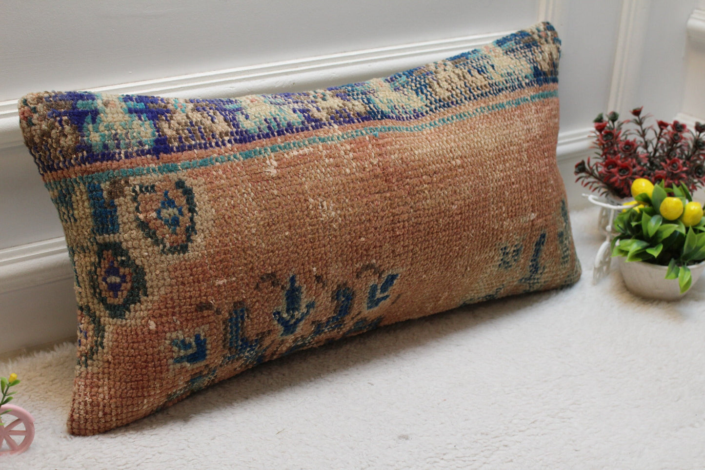 Handmade Turkish Kilim Lumbar Pillow Cover: Upcycled Woven Rug, 12x24 inch