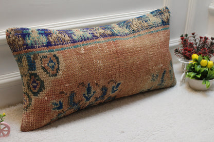Handmade Turkish Kilim Lumbar Pillow Cover: Upcycled Woven Rug, 12x24 inch
