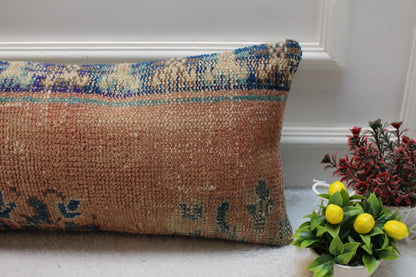 Handmade Turkish Kilim Lumbar Pillow Cover: Upcycled Woven Rug, 12x24 inch