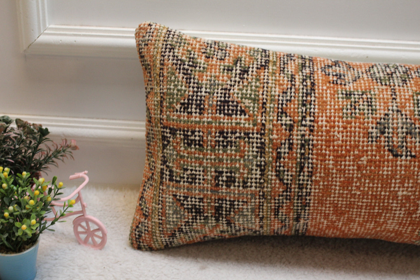 Handmade Wool Turkish Lumbar Pillow Cover: Geometric Rug Design (12x24 in)