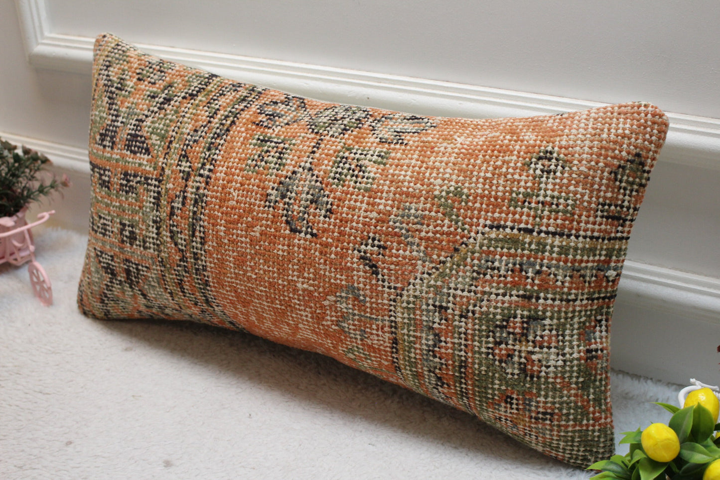 Handmade Wool Turkish Lumbar Pillow Cover: Geometric Rug Design (12x24 in)