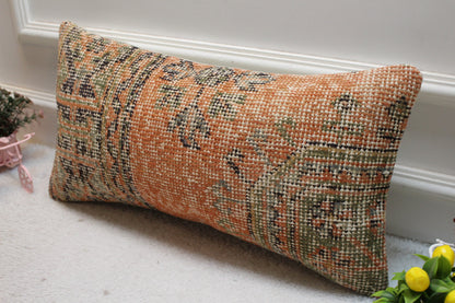 Handmade Wool Turkish Lumbar Pillow Cover: Geometric Rug Design (12x24 in)