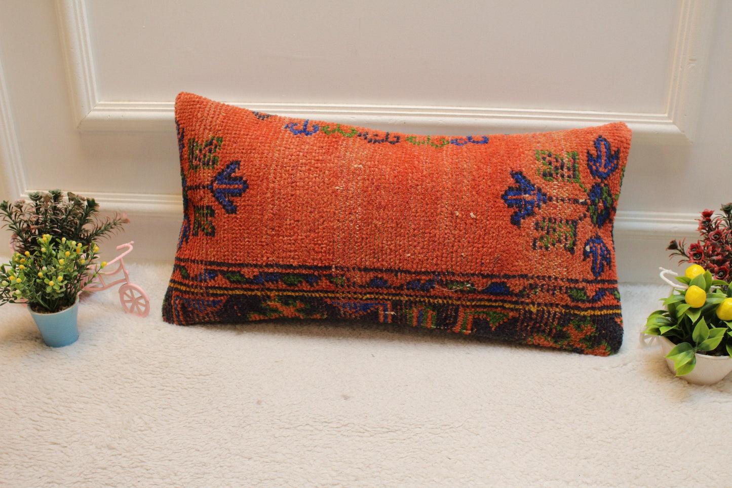 Floral Kilim Lumbar Pillow Cover: Turkish Rug Pillow, 12x24 inch