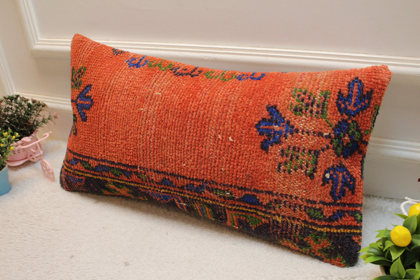 Floral Kilim Lumbar Pillow Cover: Turkish Rug Pillow, 12x24 inch