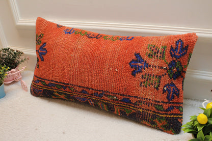Floral Kilim Lumbar Pillow Cover: Turkish Rug Pillow, 12x24 inch