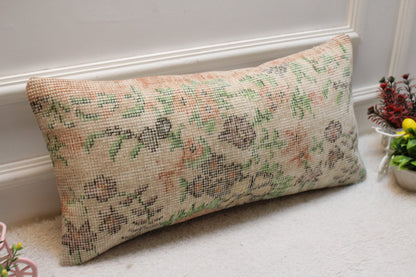 Handmade Kilim Lumbar Pillow Cover: Upcycled Floral Wool (12x24 inc)