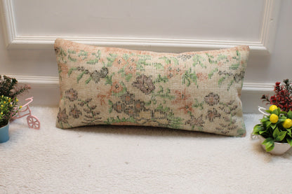 Handmade Kilim Lumbar Pillow Cover: Upcycled Floral Wool (12x24 inc)